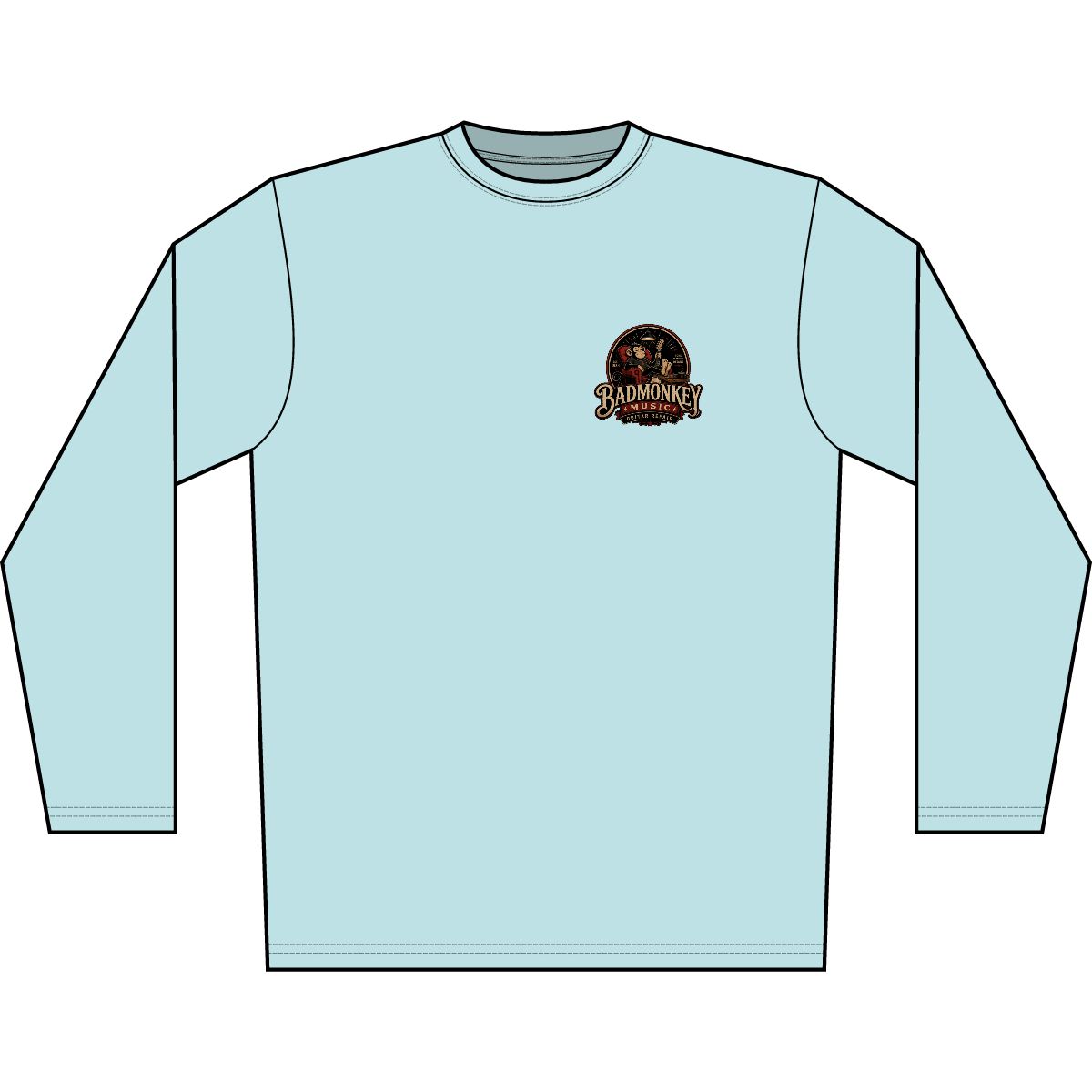 Arctic Blue Bad Monkey Music Guitar Repair Long Sleeve Shirt — 'Life's Too Short for a Bad Setup' front