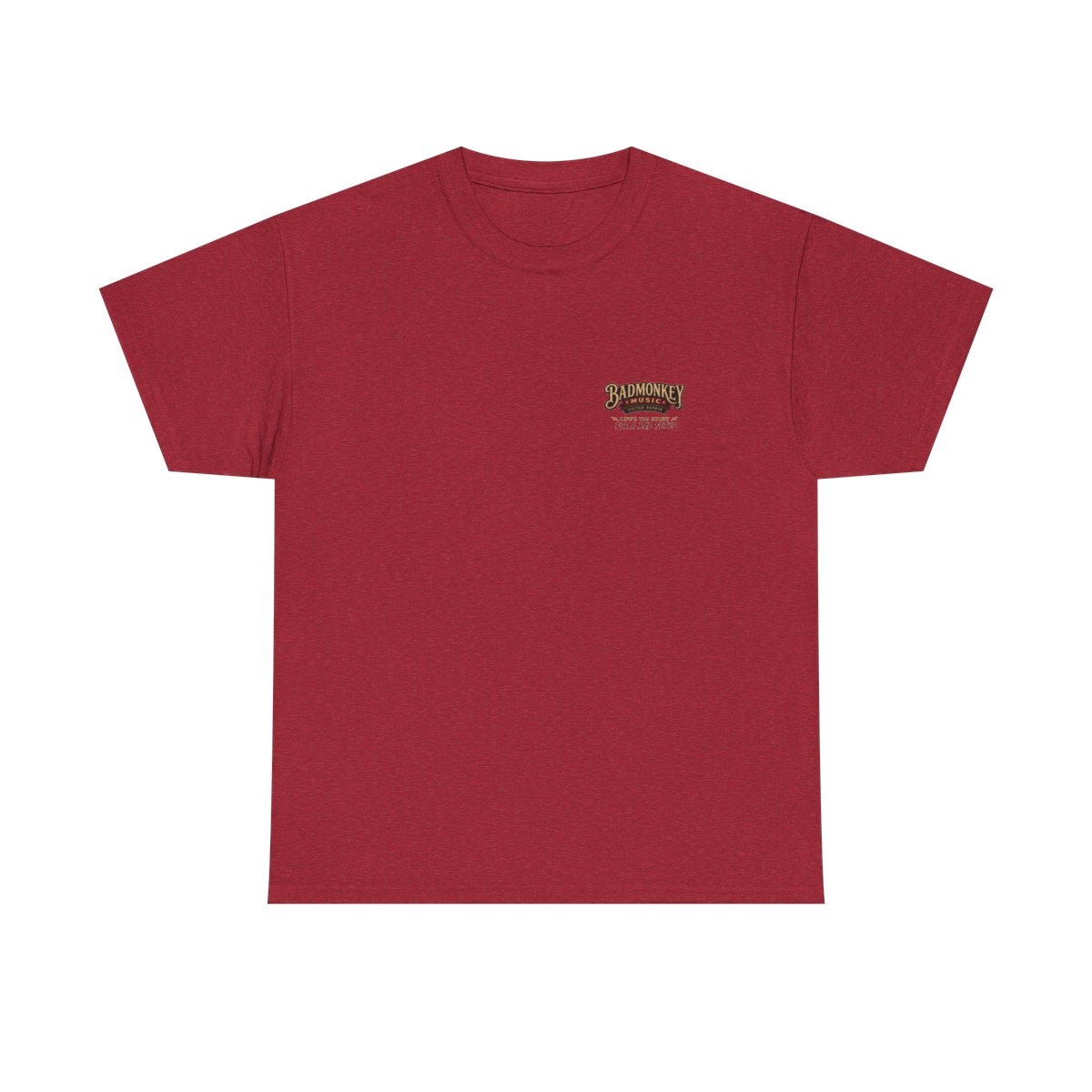 Antique Cherry Red Bad Monkey Band Tee — Retro Guitar Monkey Rock T-Shirt front