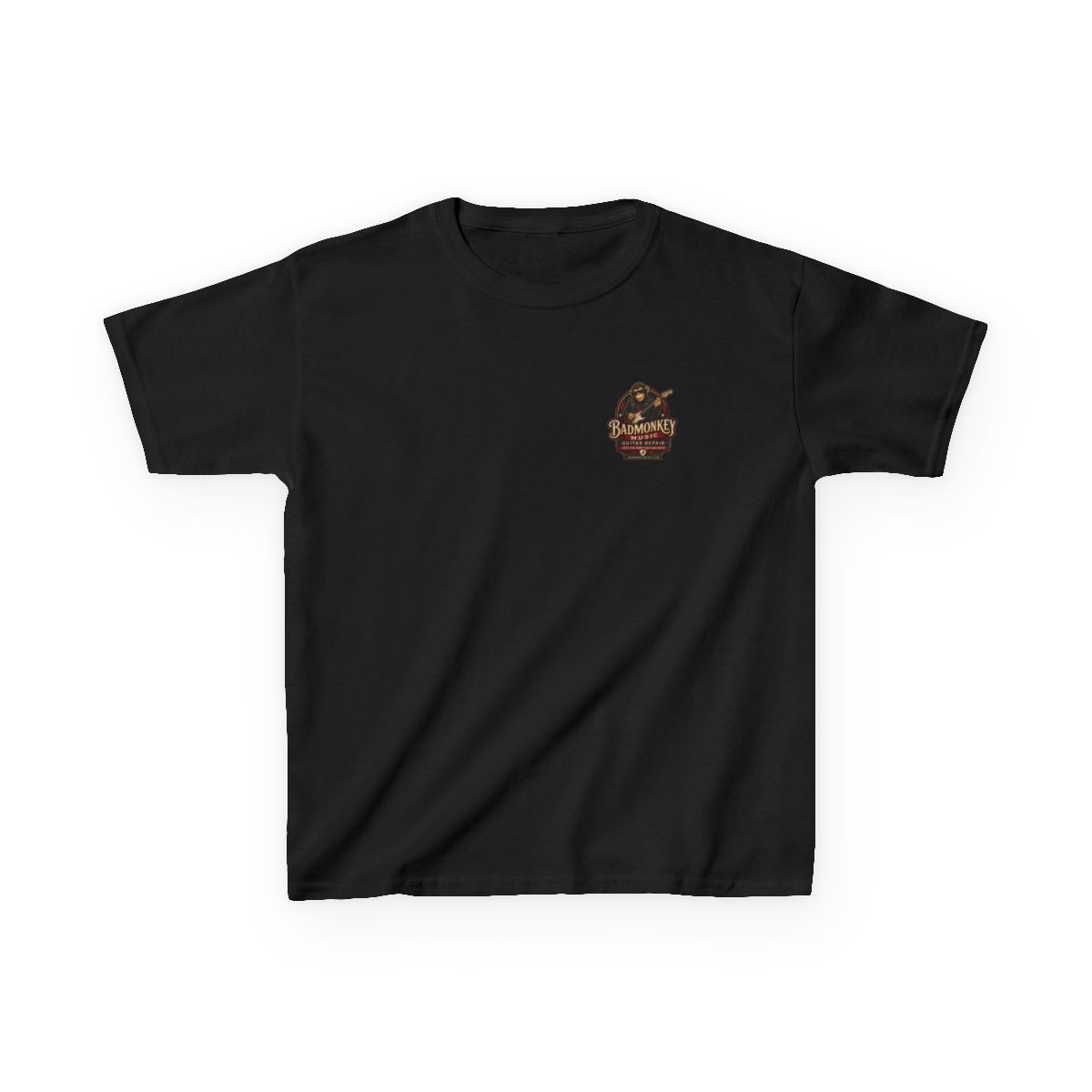 Black Kids T-Shirt — "Bad Monkey Music" Guitar Repair Logo Tee front
