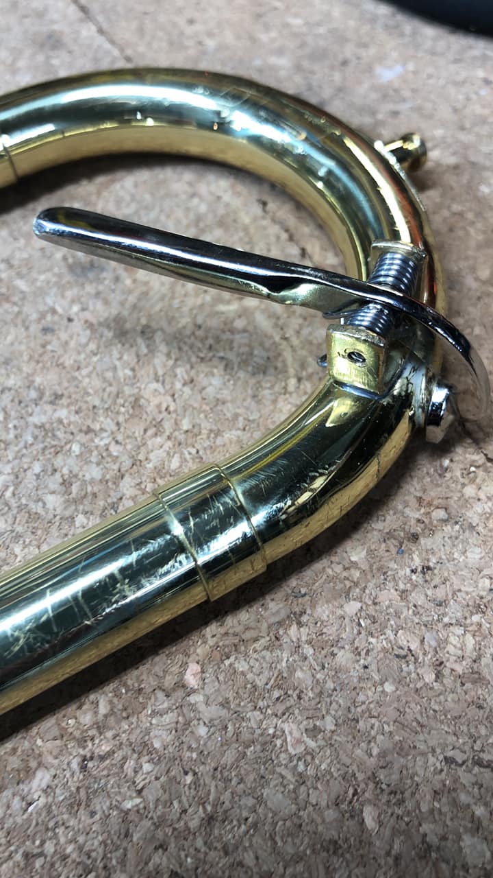 Finished trombone repair example from the BadMonkey Music bench