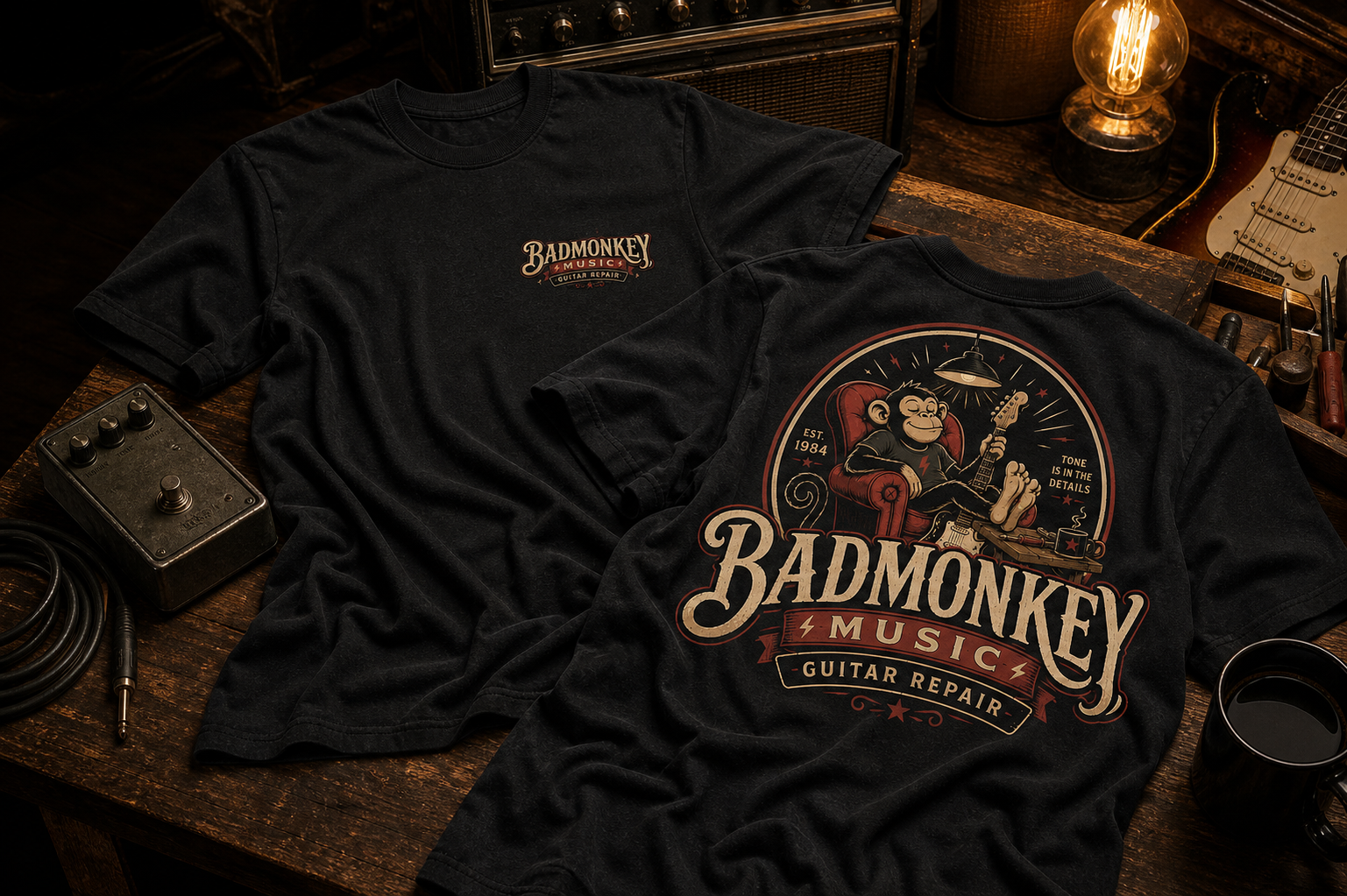 Front and back of the black BadMonkey Music Shop Tee arranged across the guitar repair bench